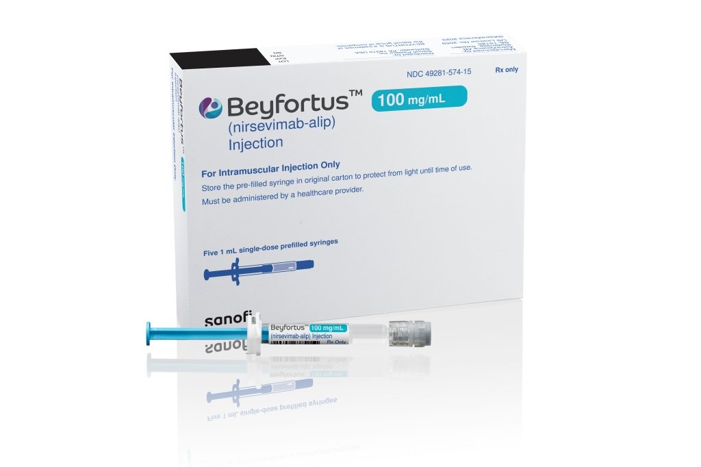 This illustration provided by AstraZeneca shows the packaging of their drug Beyfortus.  US officials have approved a new long-acting drug to protect infants and young children from a respiratory virus that causes thousands of hospitalizations each year.  The Food and Drug Administration on Monday, July 17, 2023 approved the injection for infants and children up to 2 years old.  (AstraZeneca via AP)