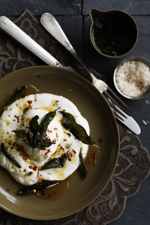 Neil Perry's Turkish poached eggs with Greek yogurt, sage and chilli.