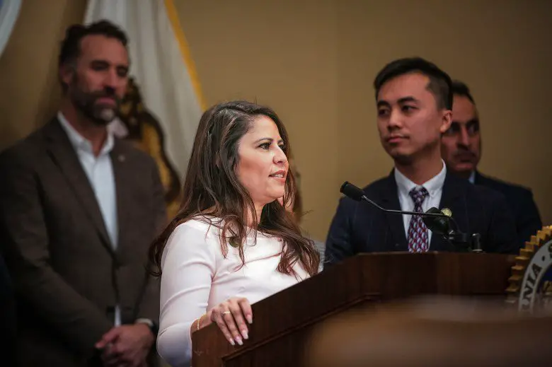 Assemblywoman Liz Ortega, a Democrat from San Leandro, addresses reporters about newly unveiled legislation on taxing the wealthy, during a news conference at the Capitol in Sacramento on January 23, 2023. Photo by Rahul Lal, CalMatters