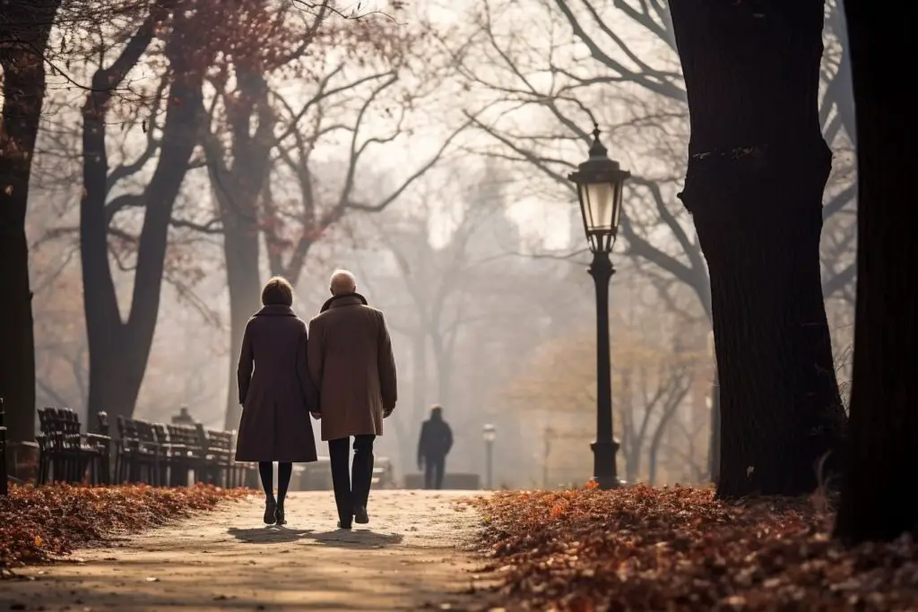 This shows an elderly couple walking in a park.