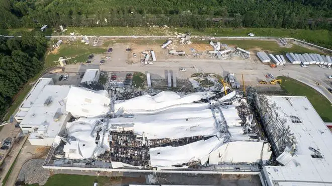 Debris is strewn around the Pfizer facility on Wednesday, July 19, 2023 in Rocky Mount, NC after storm damage.