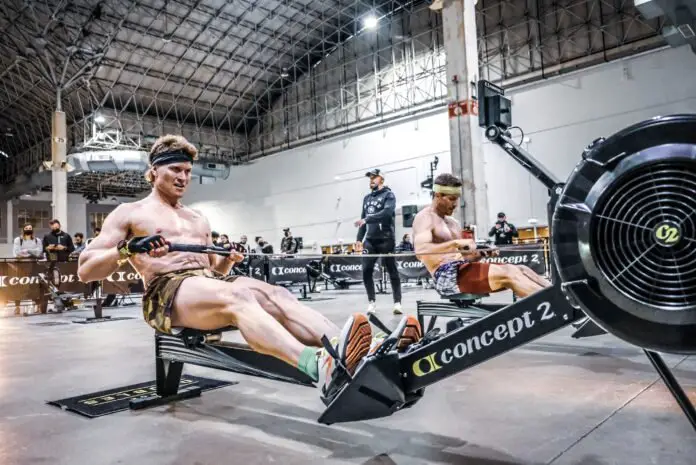 Hunter McIntyre on the rowing machine